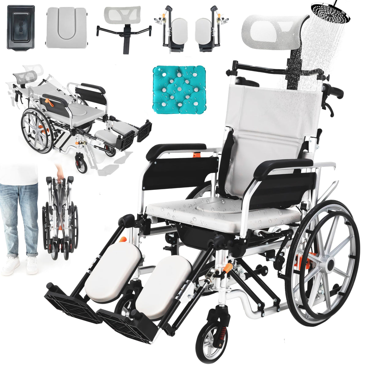 5-In-1 Fold Reclining Wheelchair with Elevating Leg Rests U754