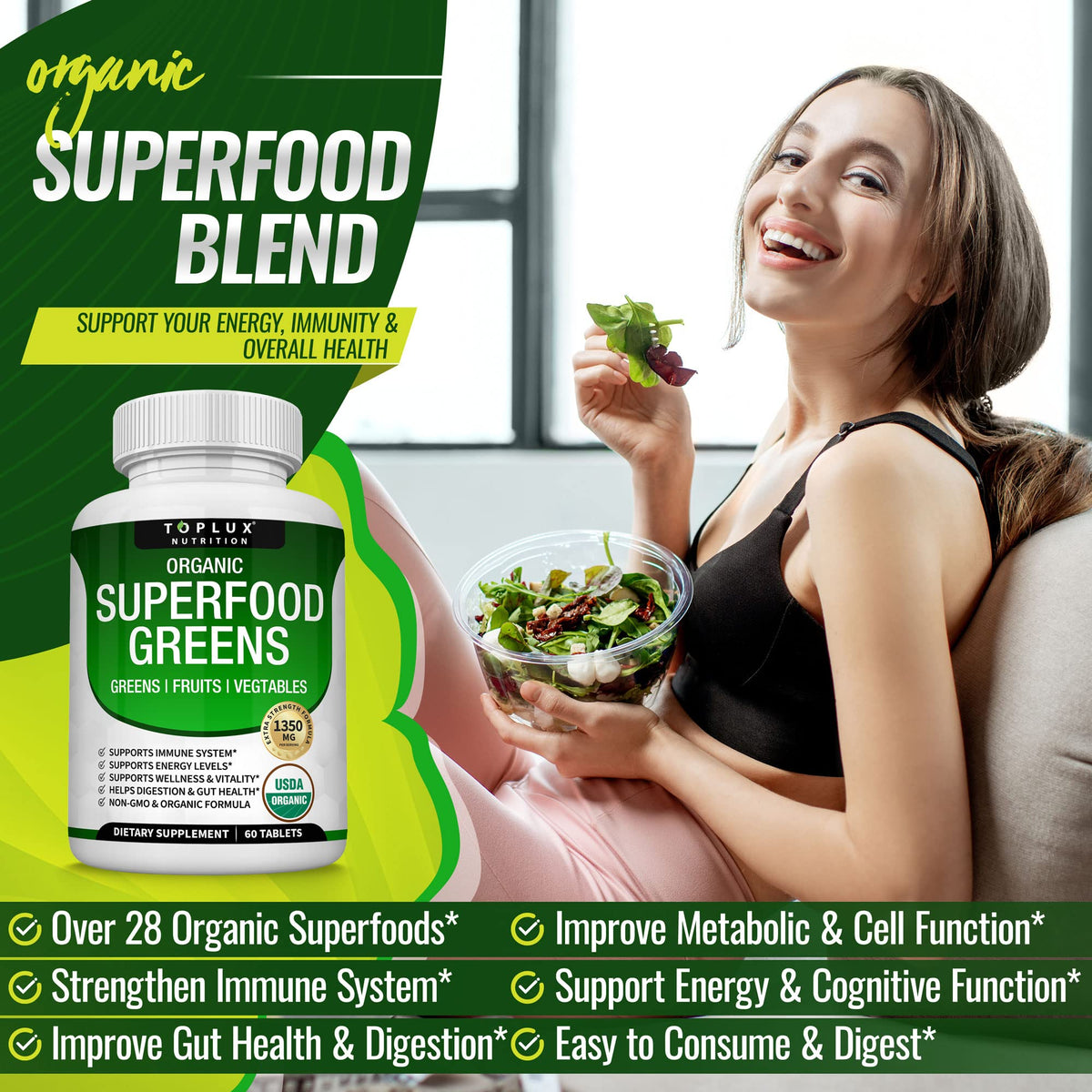 Organic Super Greens Capsules Superfood Supplement 60 Tablets L50129