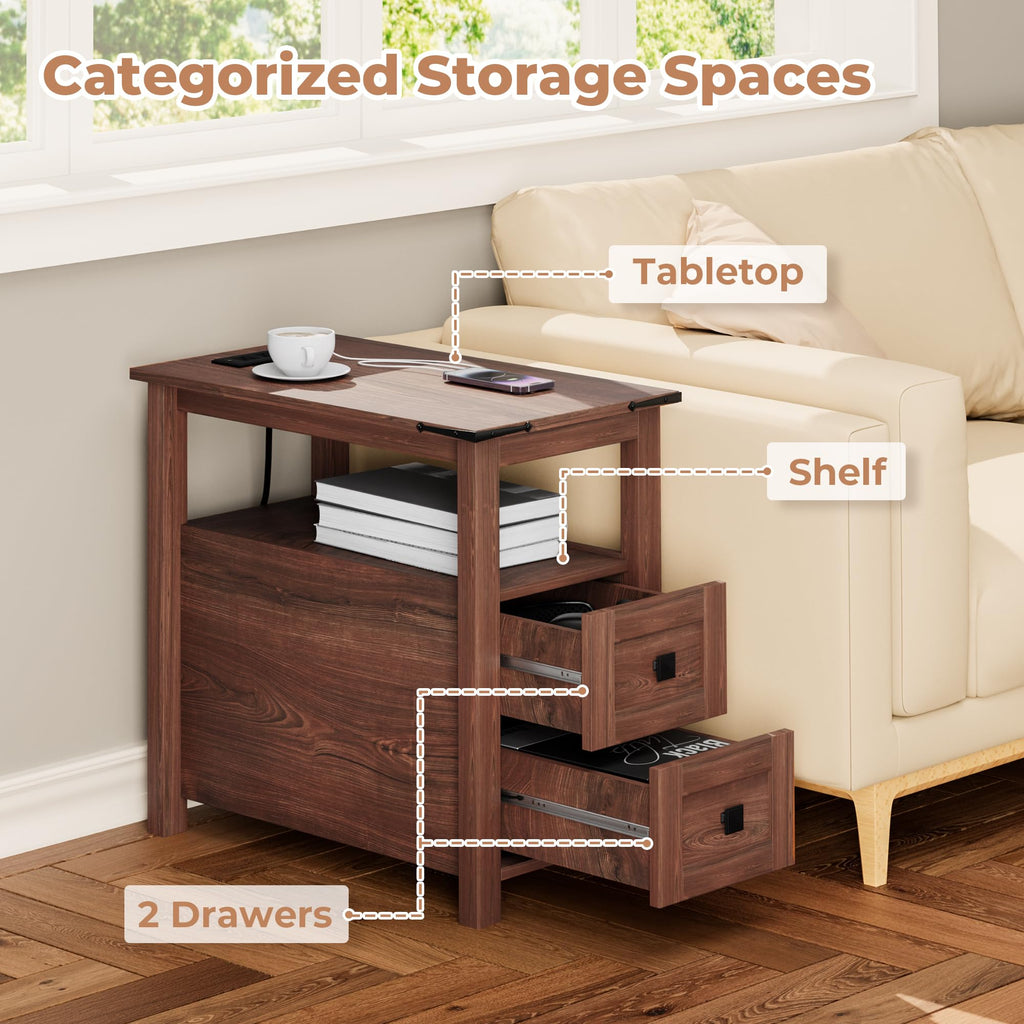 Cherry Wood End Table with Charging Station and 2 Storage Drawers W1493