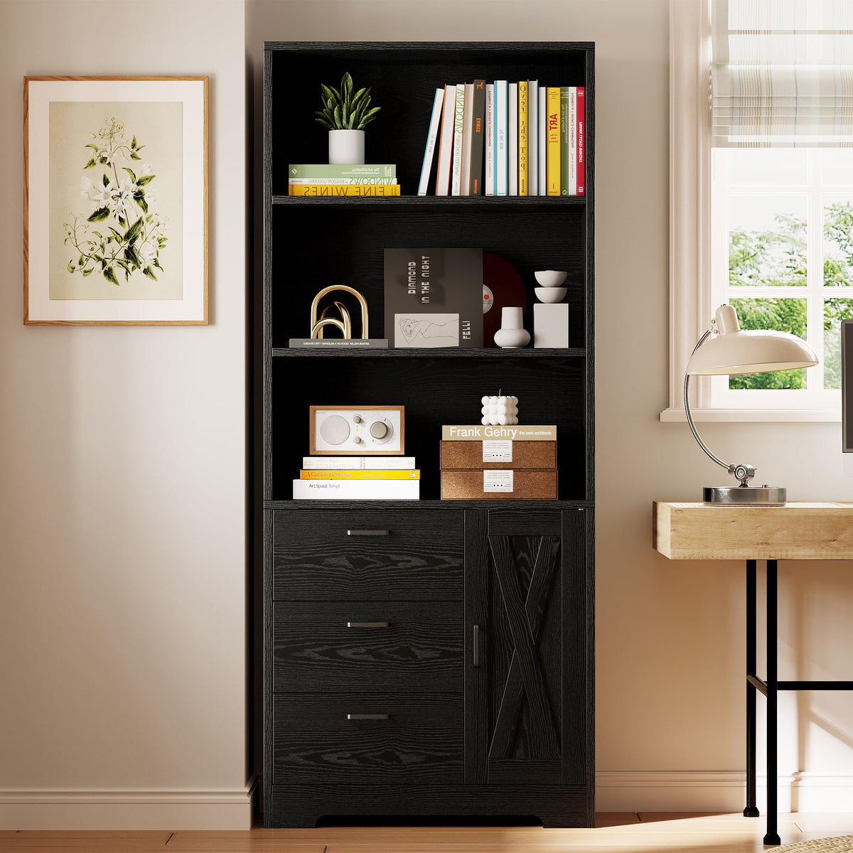 71 in Bookshelf with Doors and Drawers H465