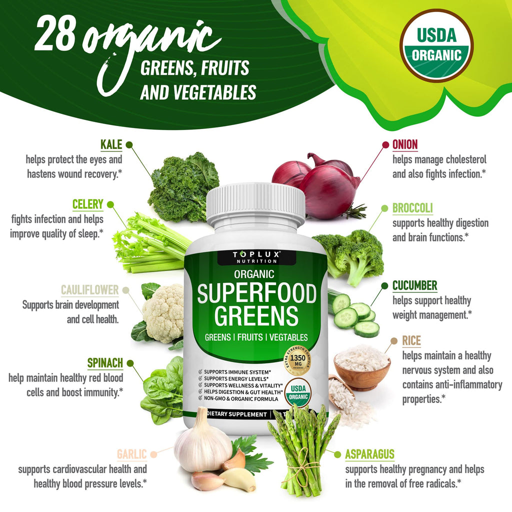 Organic Super Greens Capsules Superfood Supplement 60 Tablets L50129