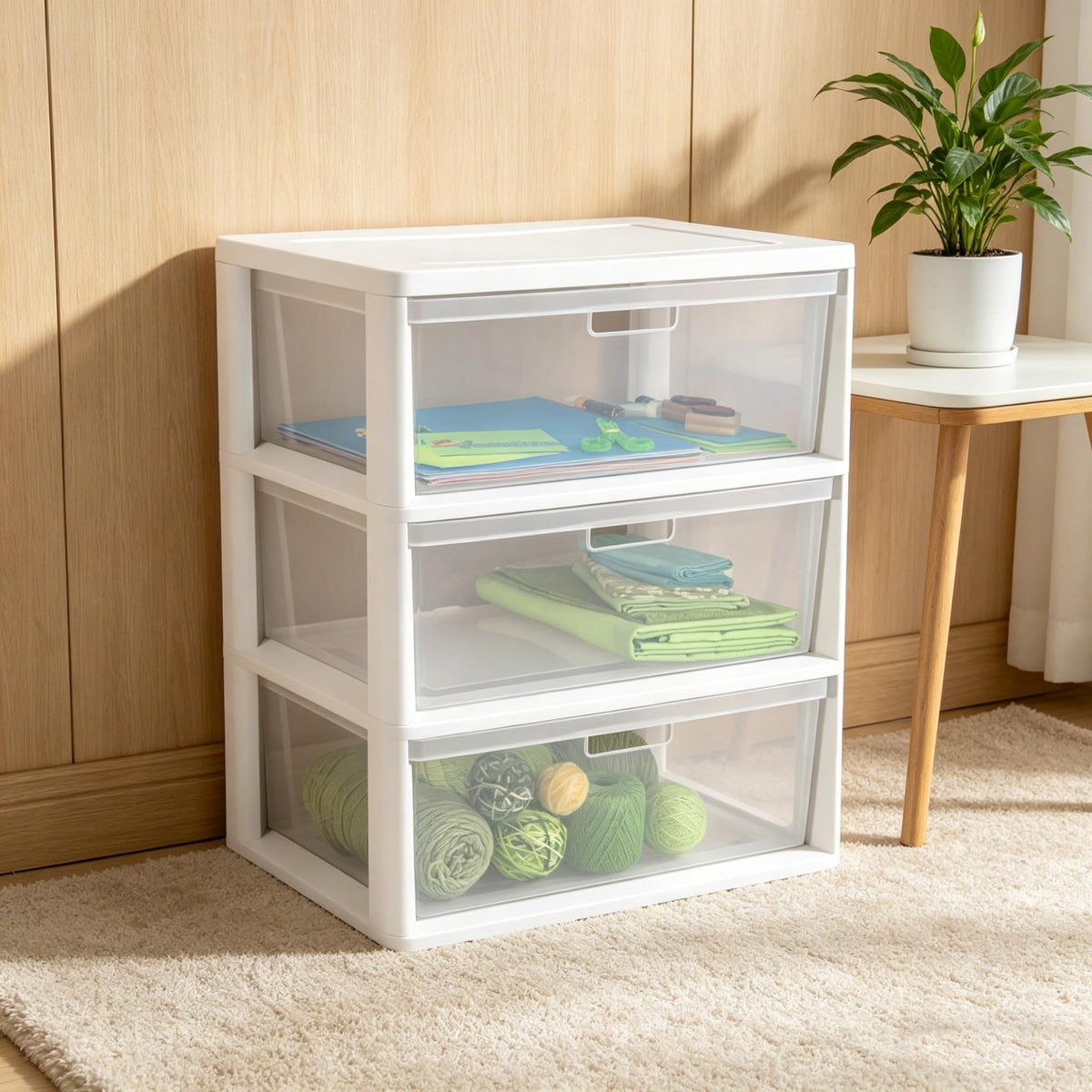 White 3-Drawer Plastic Storage Tower with Clear Bins L3448