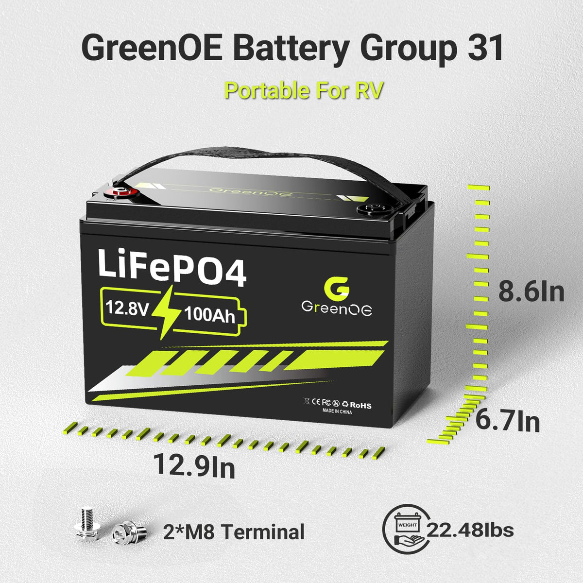 12V 100Ah LiFePO4 Deep Cycle Battery with 100A BMS V93311