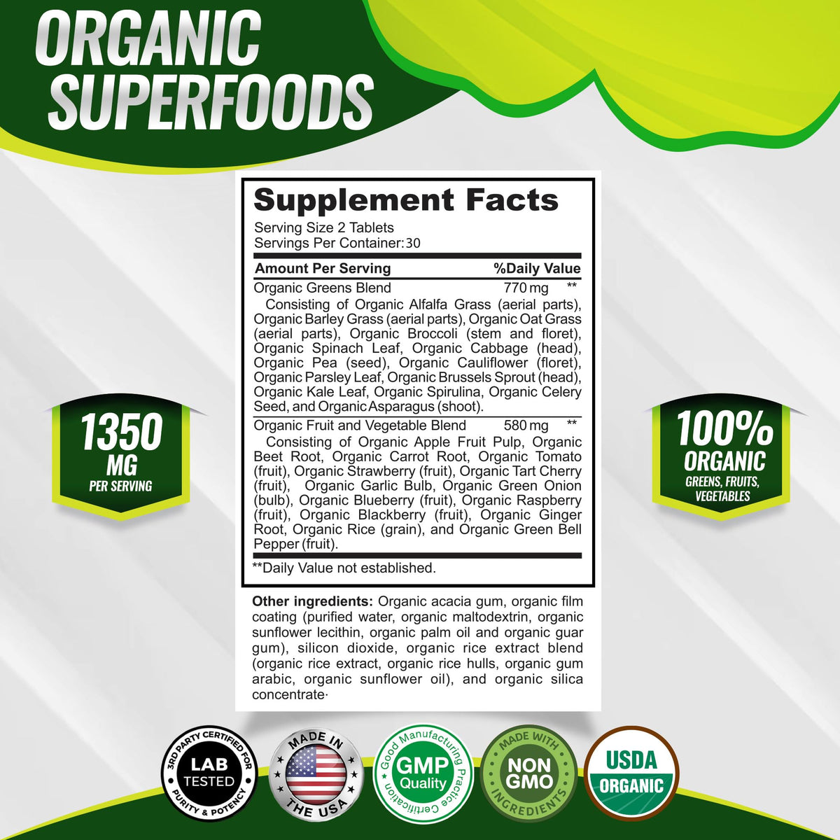 Organic Super Greens Capsules Superfood Supplement 60 Tablets L50129