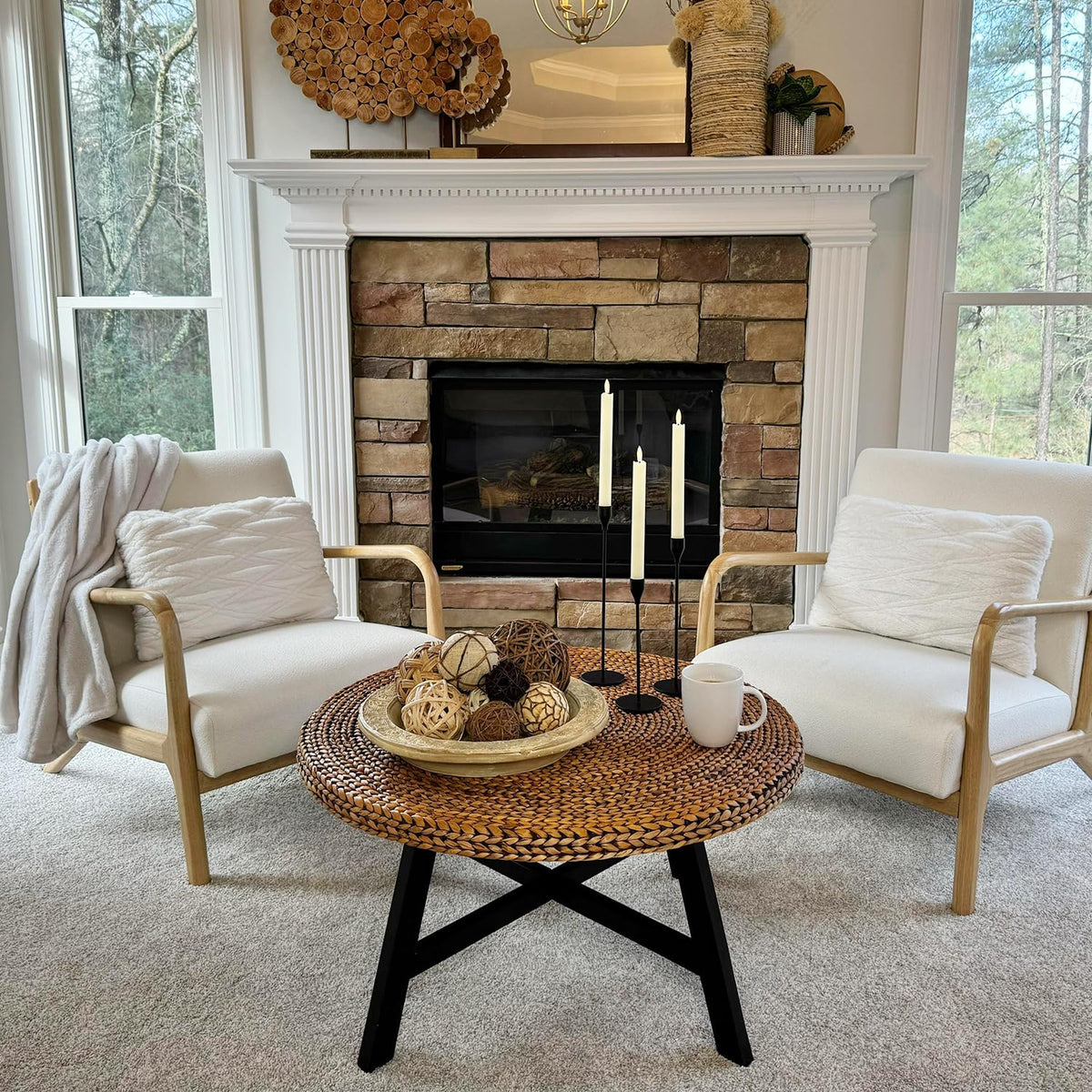 32 Inch Round Handwoven Seagrass Coffee Table with Pine Wood X Base G165