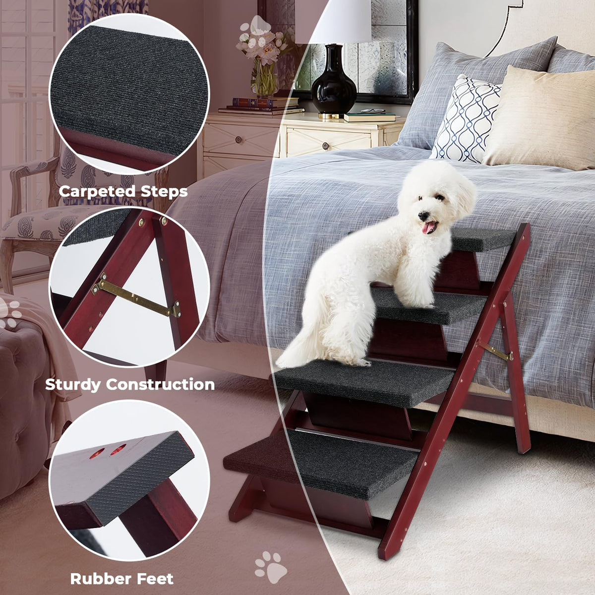 Foldable 4 Steps Wooden Dog Stairs Y964929