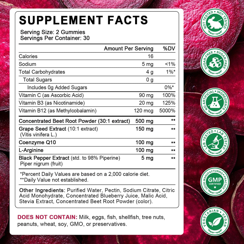 Beet Root Gummies with CoQ10, L-Arginine & Grape Seed Extract, Vegan, 60 Counts P6839