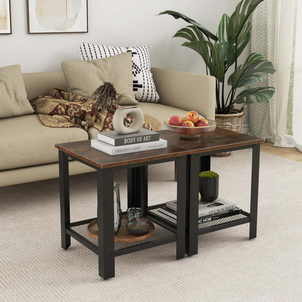 2-Tier End Table Set of 2, 16 Inch Side Table with Mesh Storage Shelf V6395
