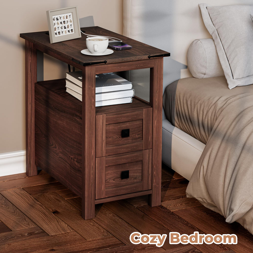 Cherry Wood End Table with Charging Station and 2 Storage Drawers W1493
