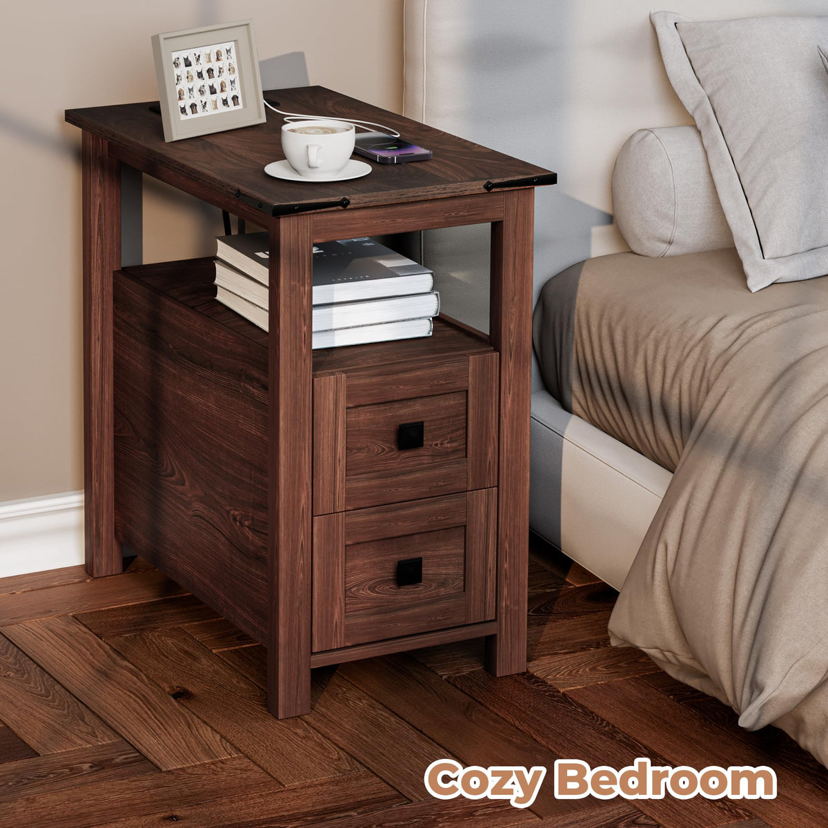 Cherry Wood End Table with Charging Station and 2 Storage Drawers W1493