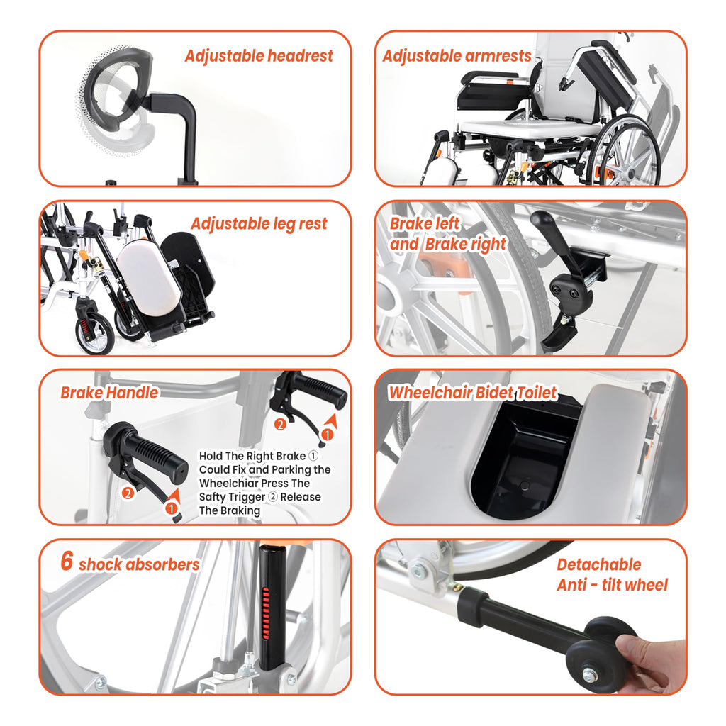 5-In-1 Fold Reclining Wheelchair with Elevating Leg Rests U754