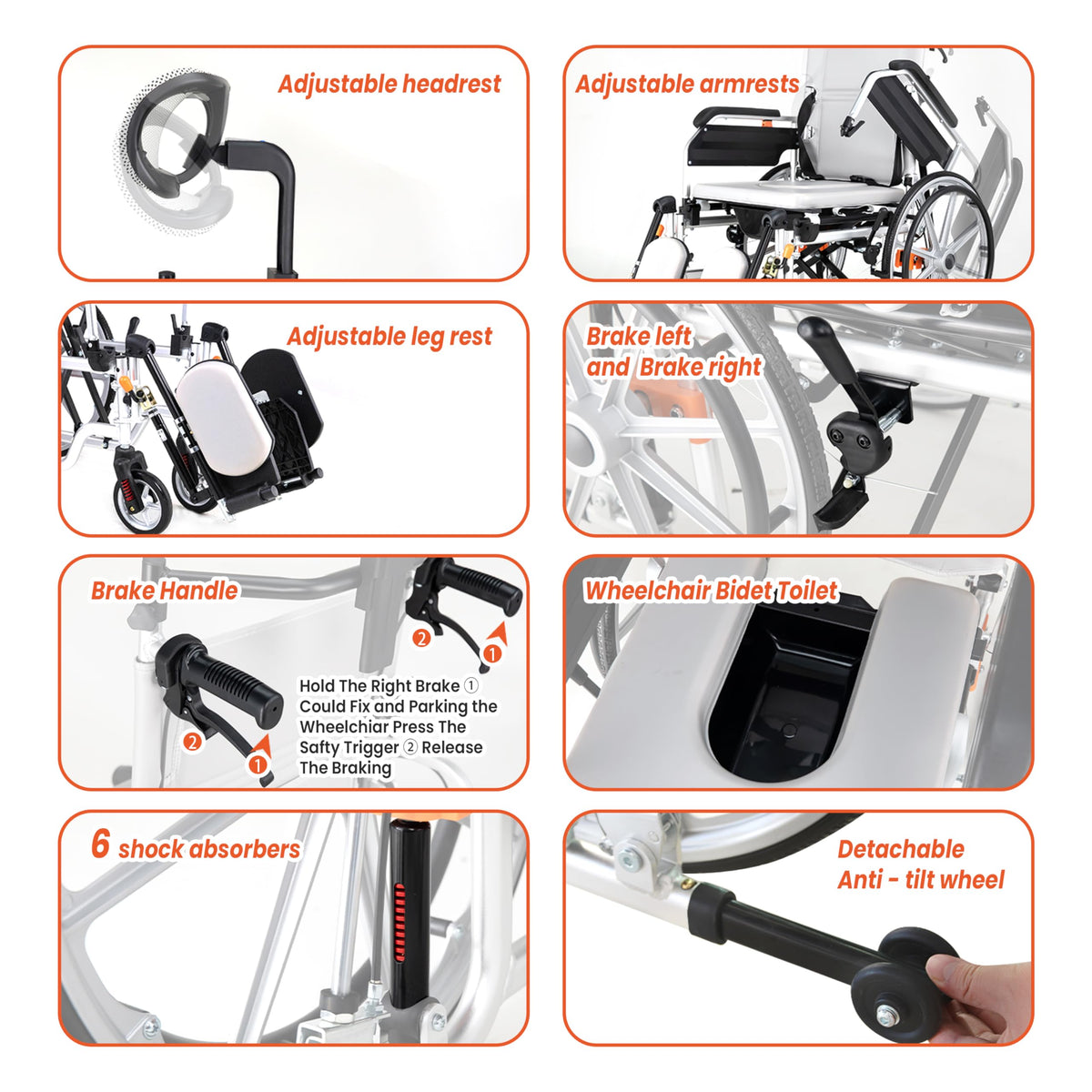 5-In-1 Fold Reclining Wheelchair with Elevating Leg Rests U754