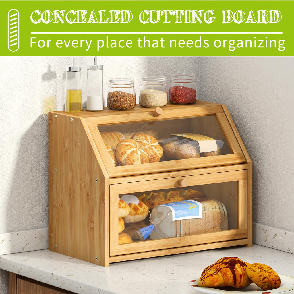 Double Layer Bamboo Wooden Bread Box U4207