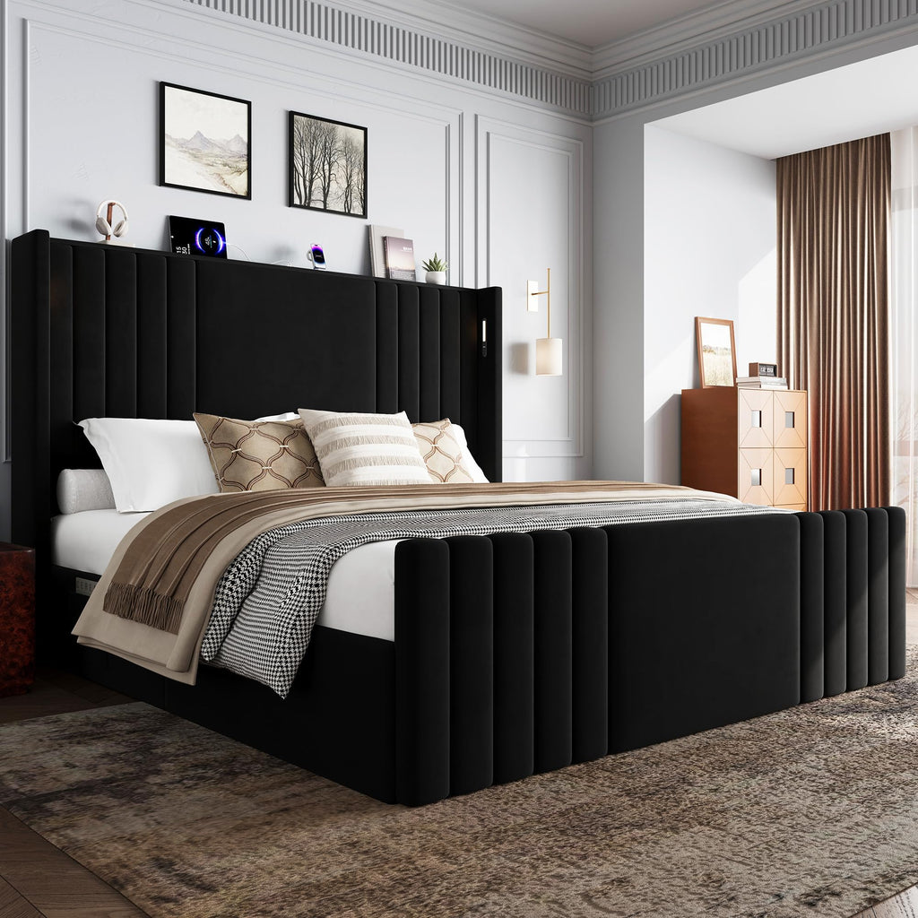 Queen Size Platform Bed Frame with Reading Lights J4488