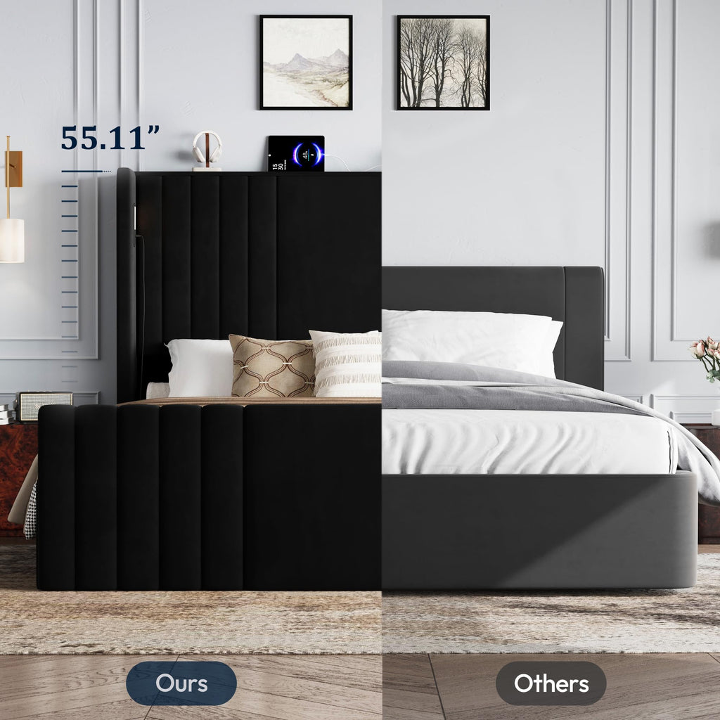 Queen Size Platform Bed Frame with Reading Lights J4488