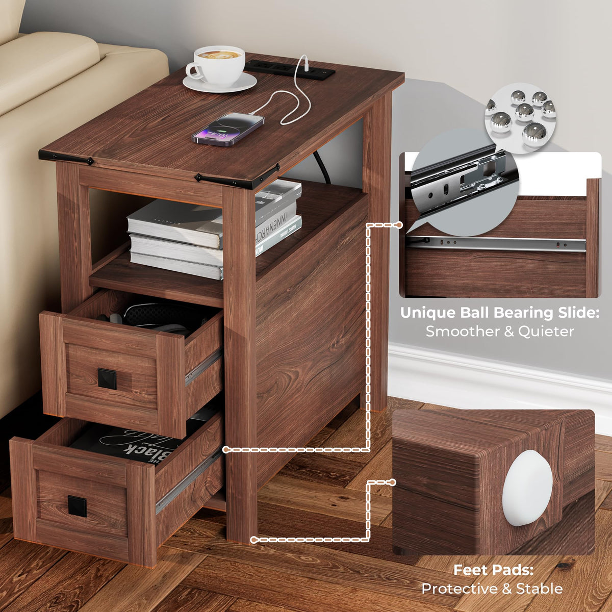 Cherry Wood End Table with Charging Station and 2 Storage Drawers W1493