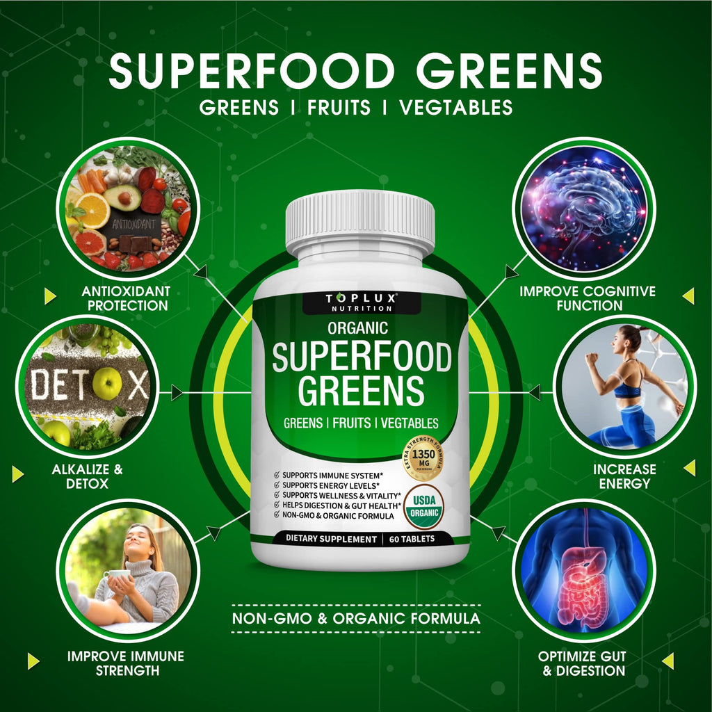 Organic Super Greens Capsules Superfood Supplement 60 Tablets L50129