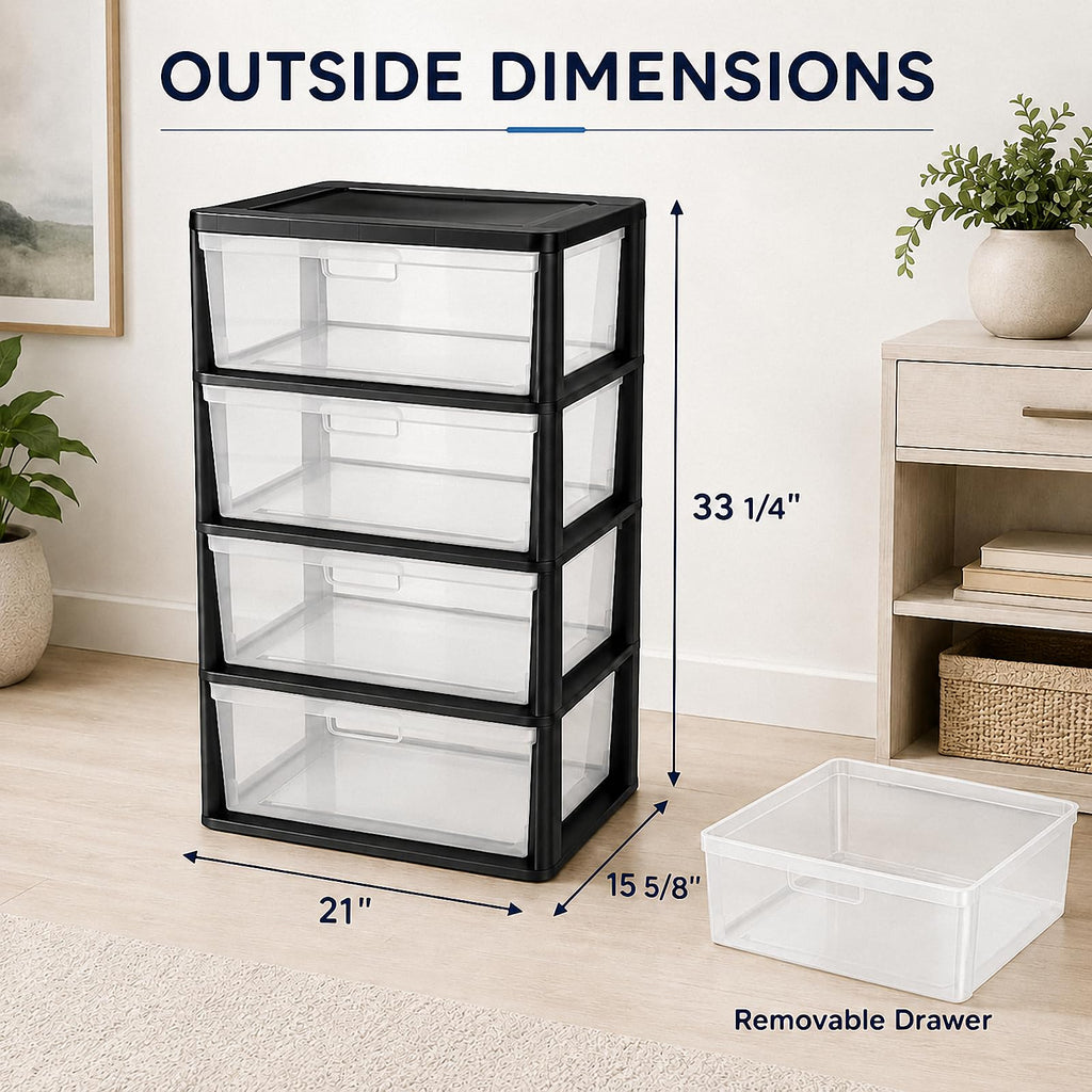 Wide 4 Drawer Plastic Storage Tower Organizer D592