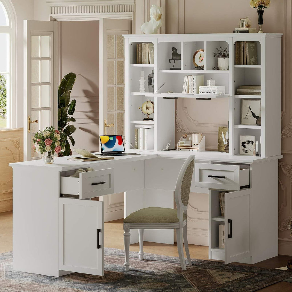 White L-Shaped Computer Desk with Hutch and Storage E964