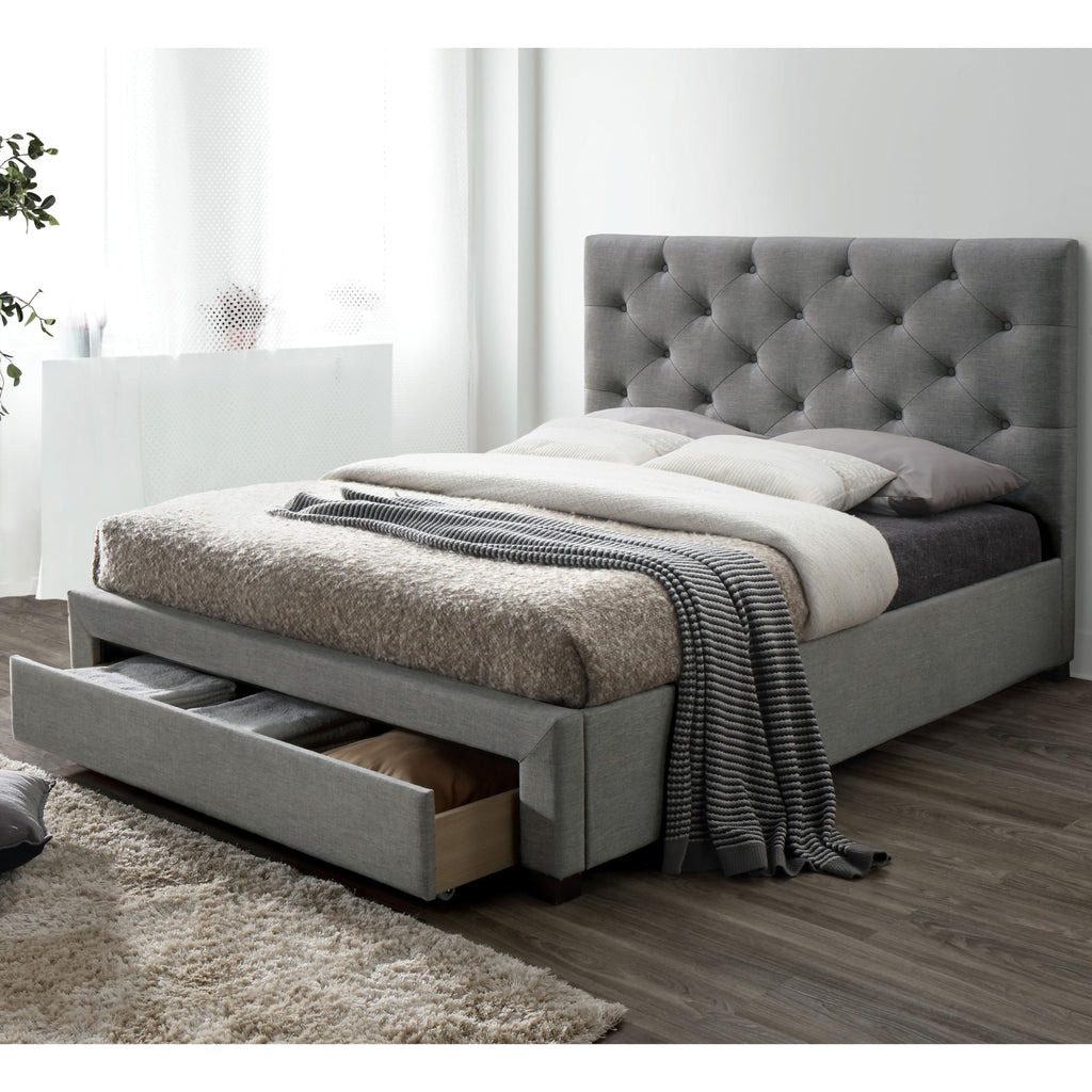 Gray Upholstered Twin Platform Bed with Storage Drawer V708
