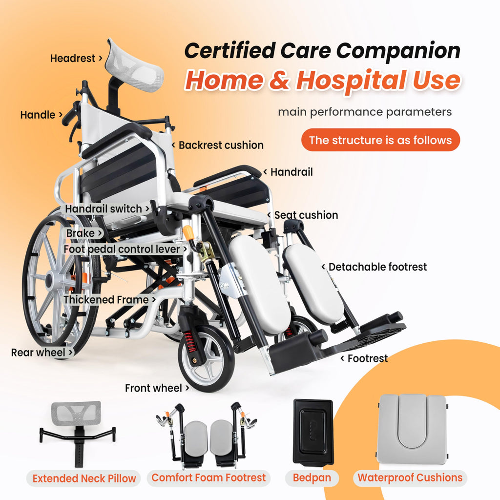 5-In-1 Fold Reclining Wheelchair with Elevating Leg Rests U754