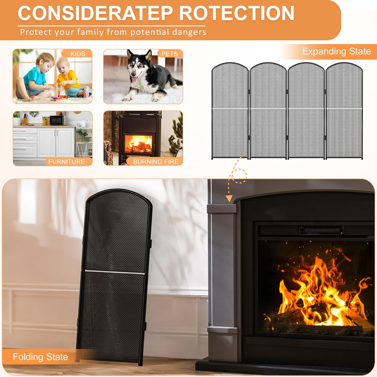 Black Foldable Fireplace Screen A170