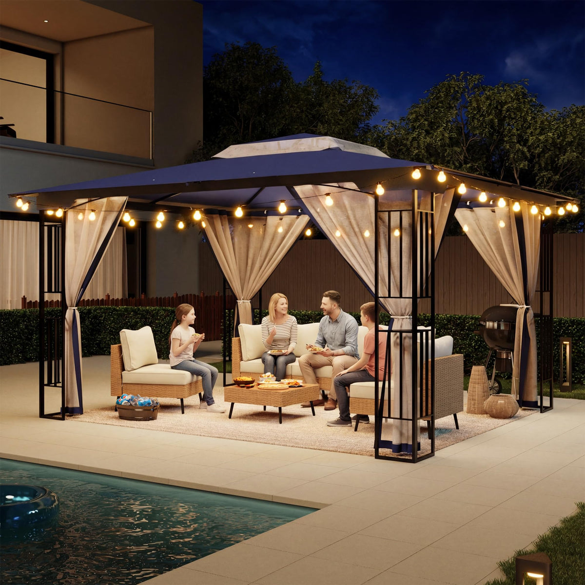 13' x 11' Navy Blue Outdoor Patio Gazebo with Mosquito Netting P186271