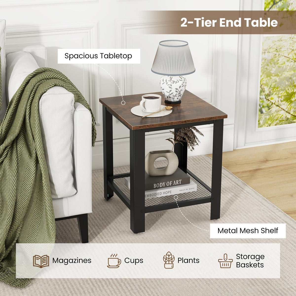 2-Tier End Table Set of 2, 16 Inch Side Table with Mesh Storage Shelf V6395