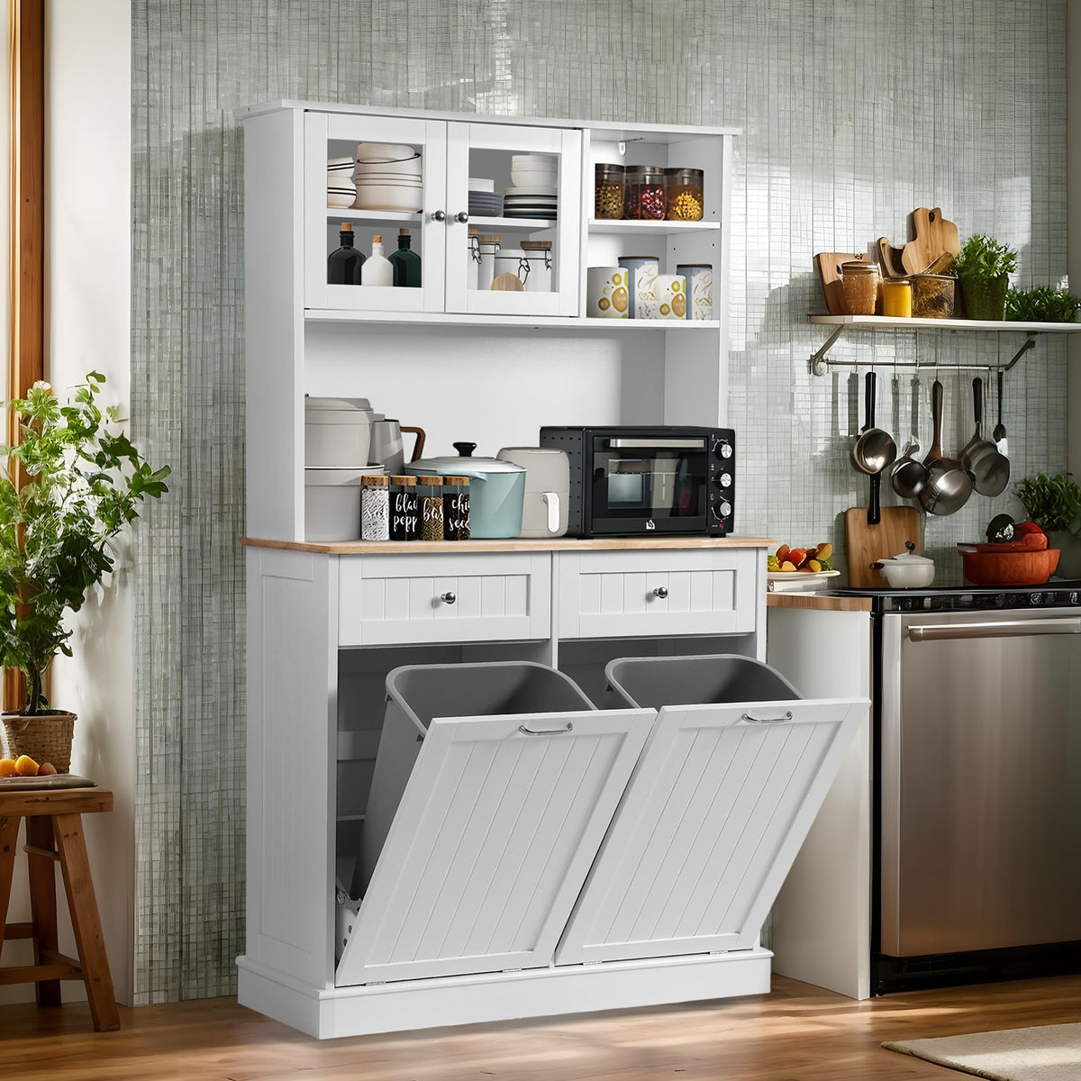 68.4" White Kitchen Pantry Storage Cabinet with Shelf, 2 Drawers and Tilt Out Trash Cabinet D10378