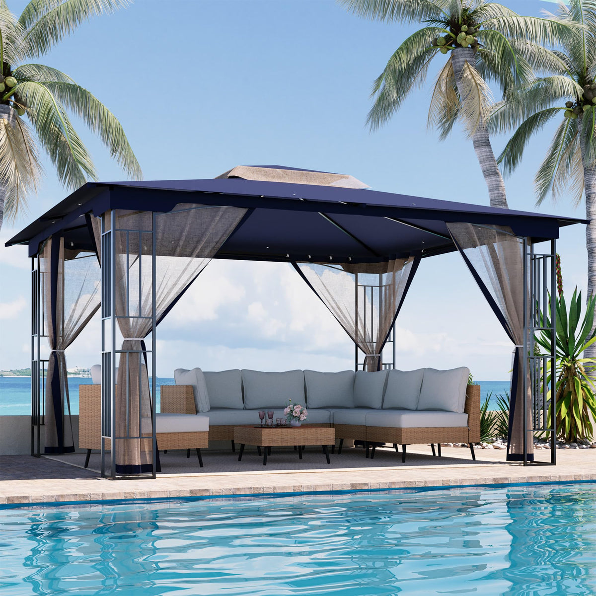 13' x 11' Navy Blue Outdoor Patio Gazebo with Mosquito Netting P186271