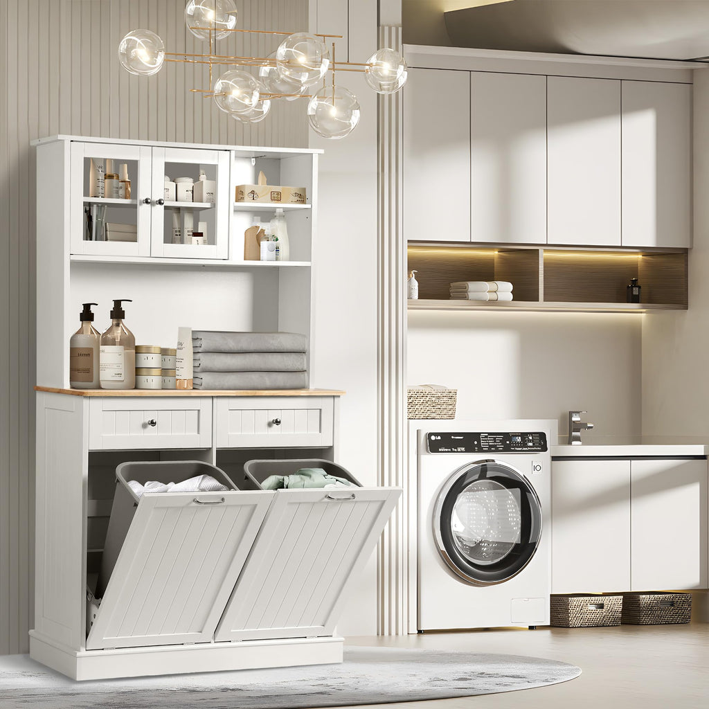 68.4" White Kitchen Pantry Storage Cabinet with Shelf, 2 Drawers and Tilt Out Trash Cabinet D10378