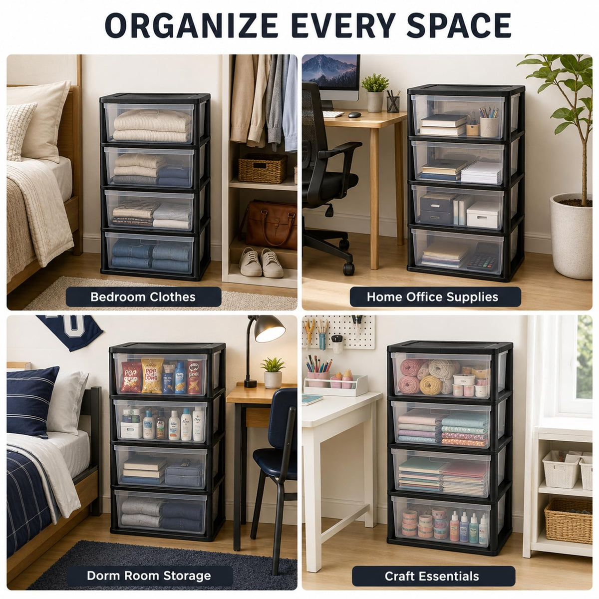 Wide 4 Drawer Plastic Storage Tower Organizer D592