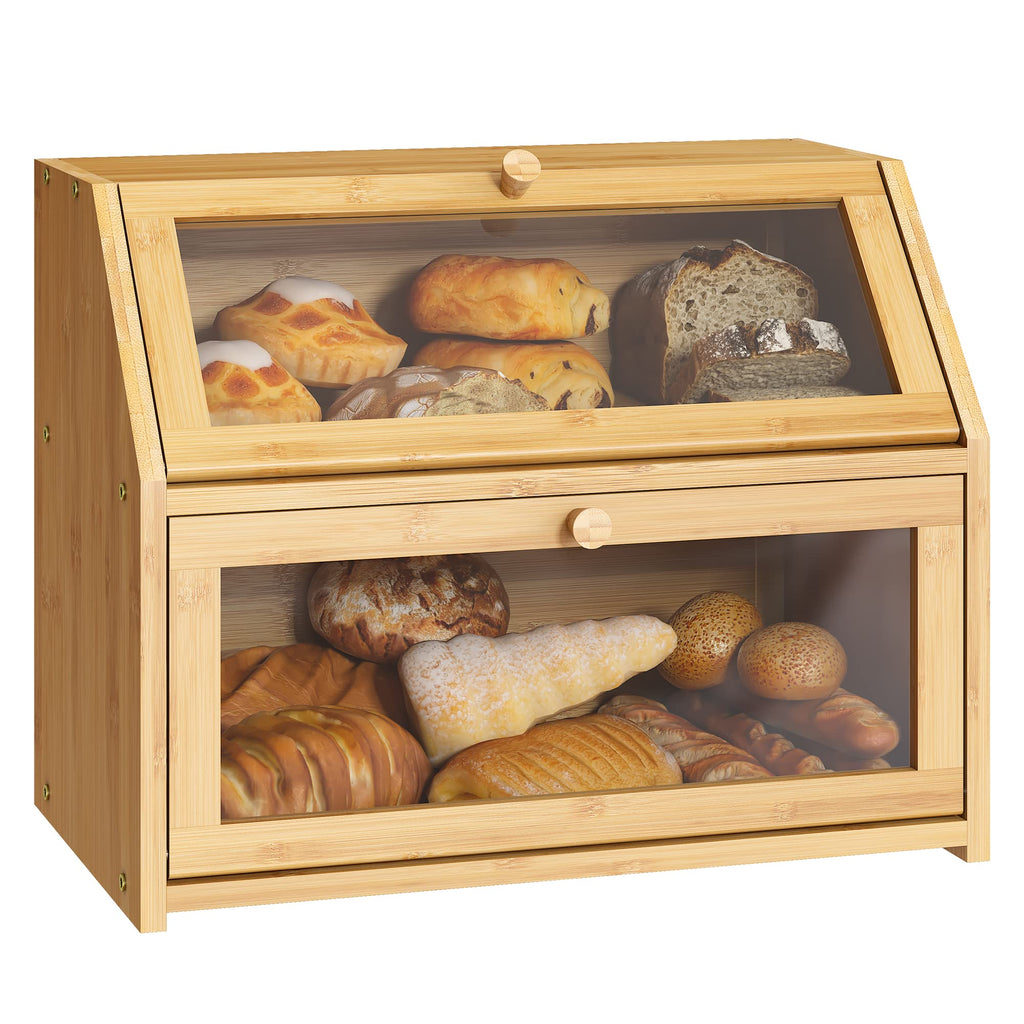 Double Layer Bamboo Wooden Bread Box U4207