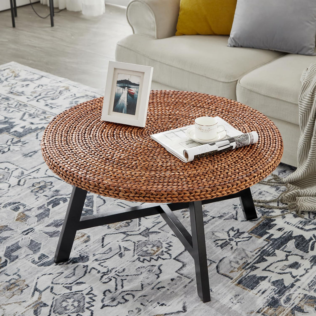 32 Inch Round Handwoven Seagrass Coffee Table with Pine Wood X Base G165