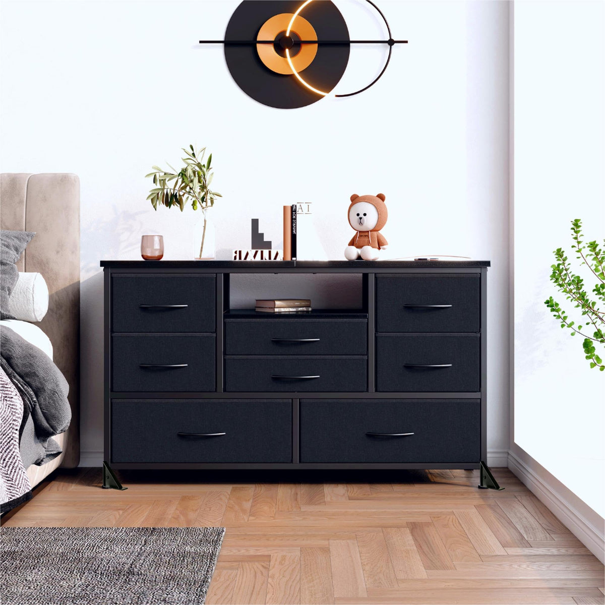 Black 8 Drawer Fabric Dresser TV Stand I181