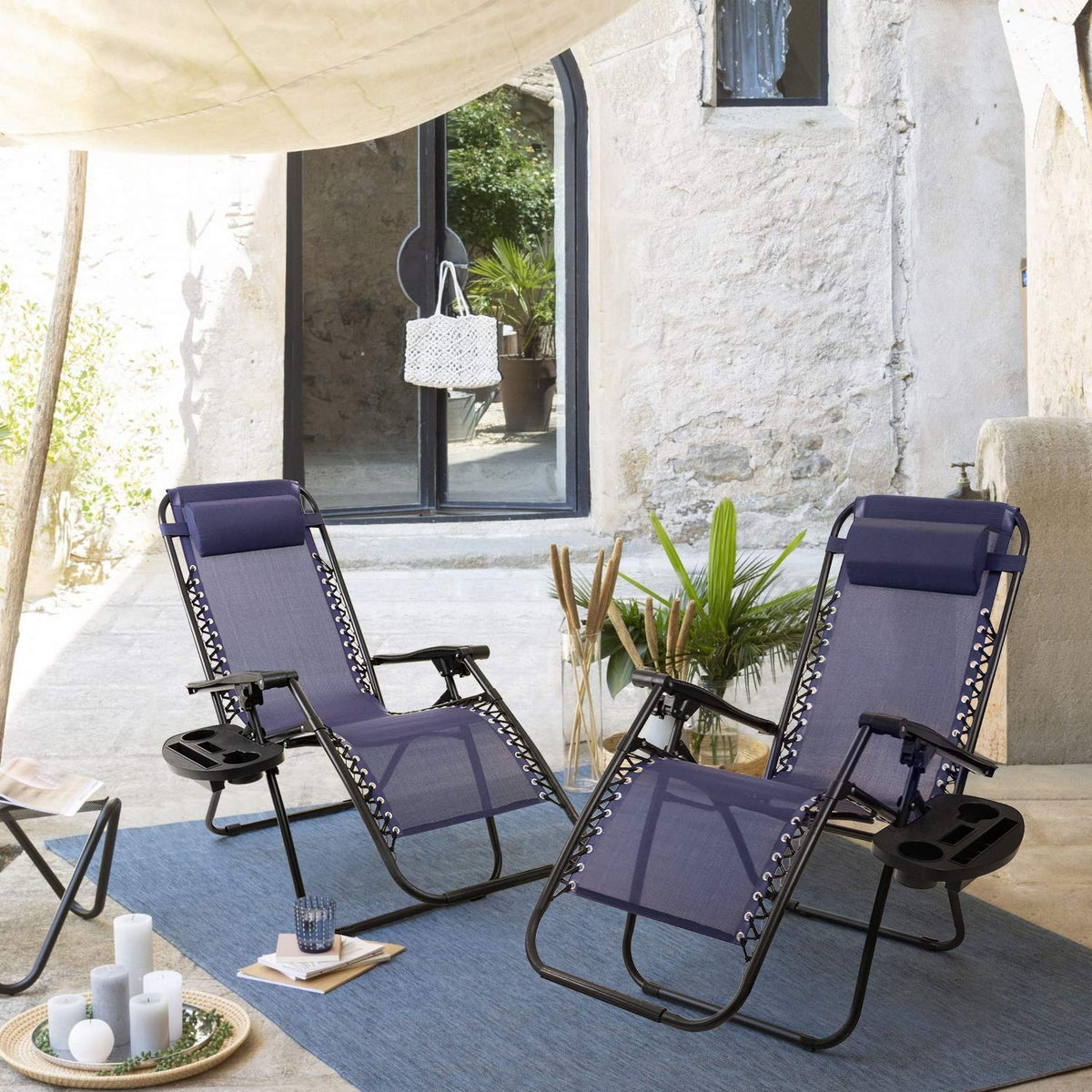 Blue Zero Gravity Folding Lounge Chairs Set of 2 with Cup Holder X98911