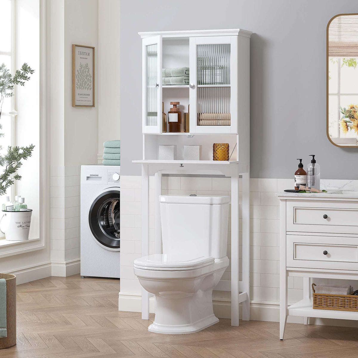 Over the Toilet Storage Cabinet with Glass Doors, White B8497