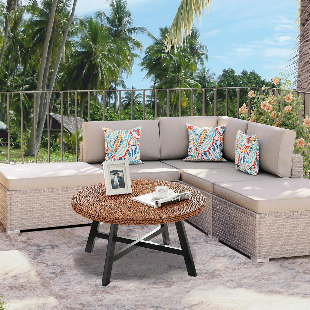 32 Inch Round Handwoven Seagrass Coffee Table with Pine Wood X Base G165