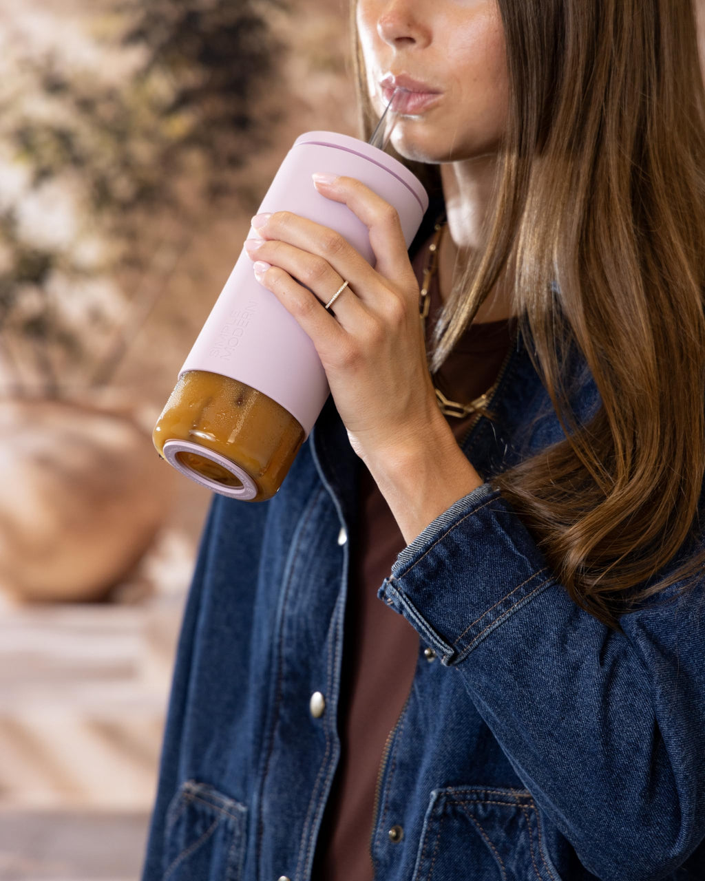 Glass Iced Coffee Cup with Straw Lid 20oz Beige T934