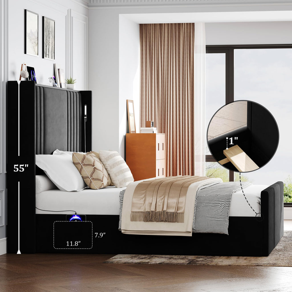 Queen Size Platform Bed Frame with Reading Lights J4488