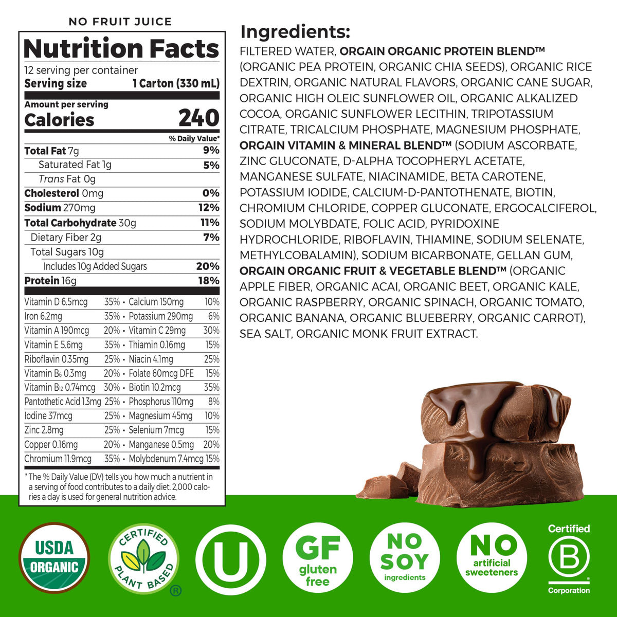 Organic Vegan 16g Protein Shake, Chocolate, 11 oz, 12pk A956